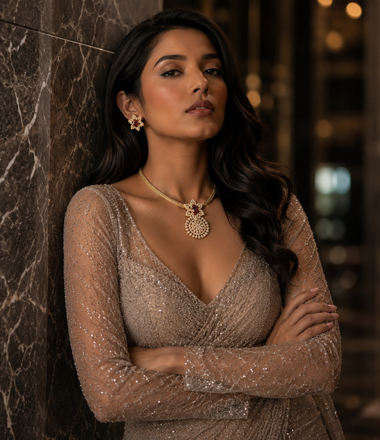 Rubi Toned Stone and American Diamond  Floral Jewelry Set with Pendant