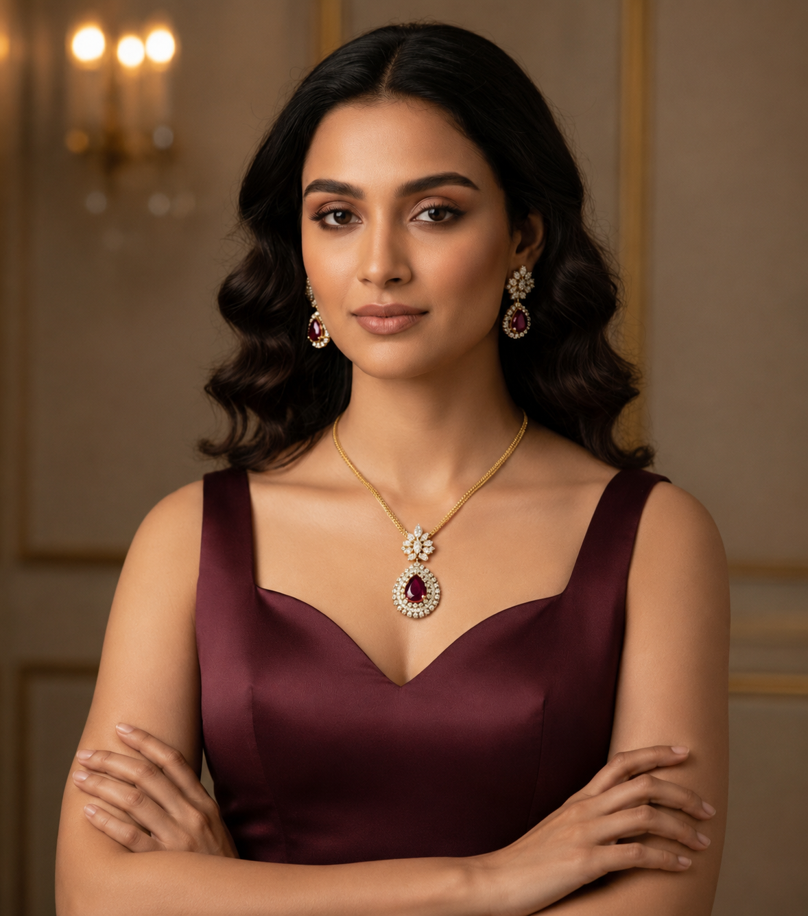 Ruby Colored Doublet and American Diamond Jewelry Set