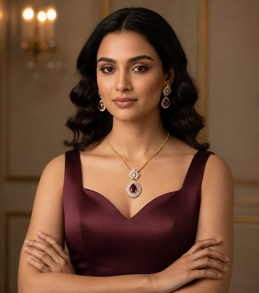 Ruby Colored Doublet and American Diamond Jewelry Set