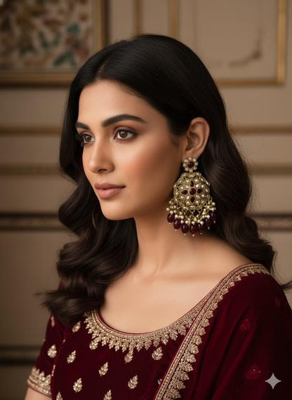 Rubi Colored Kundan Chandbali Earrings