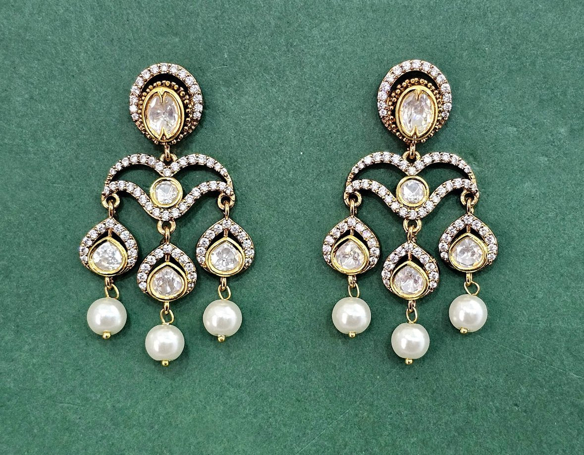 Kundan -American Diamond and Pearl Drop Earrings