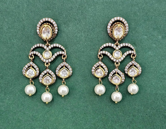 Kundan -American Diamond and Pearl Drop Earrings
