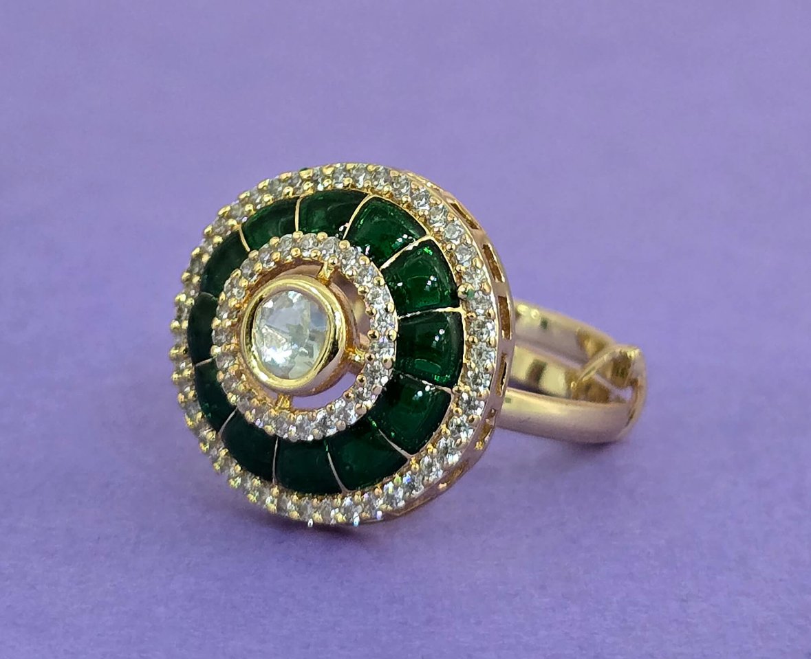 Kundan Green and White Stone Ring