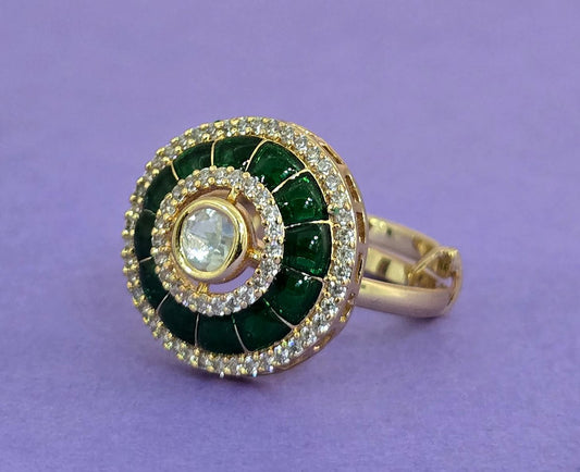 Kundan Green and White Stone Ring