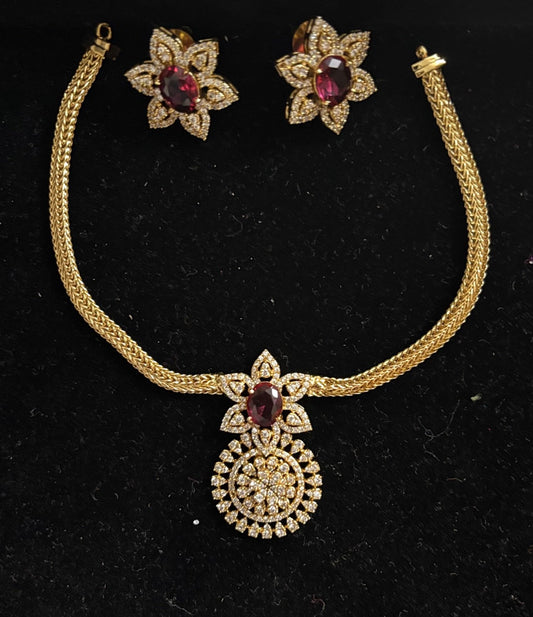 Rubi Toned Stone and American Diamond  Floral Jewelry Set with Pendant