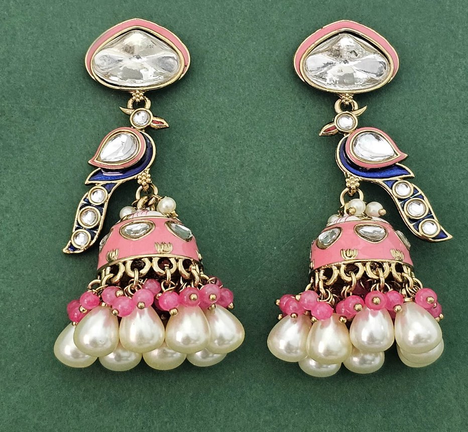 Peacock Design Kundan and Meenakari Jhumka Earrings
