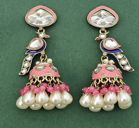 Peacock Design Kundan and Meenakari Jhumka Earrings