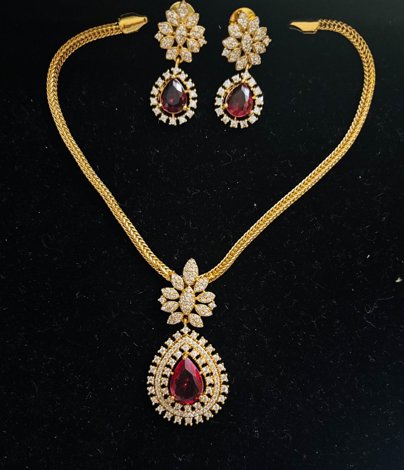 Ruby Colored Doublet and American Diamond Jewelry Set