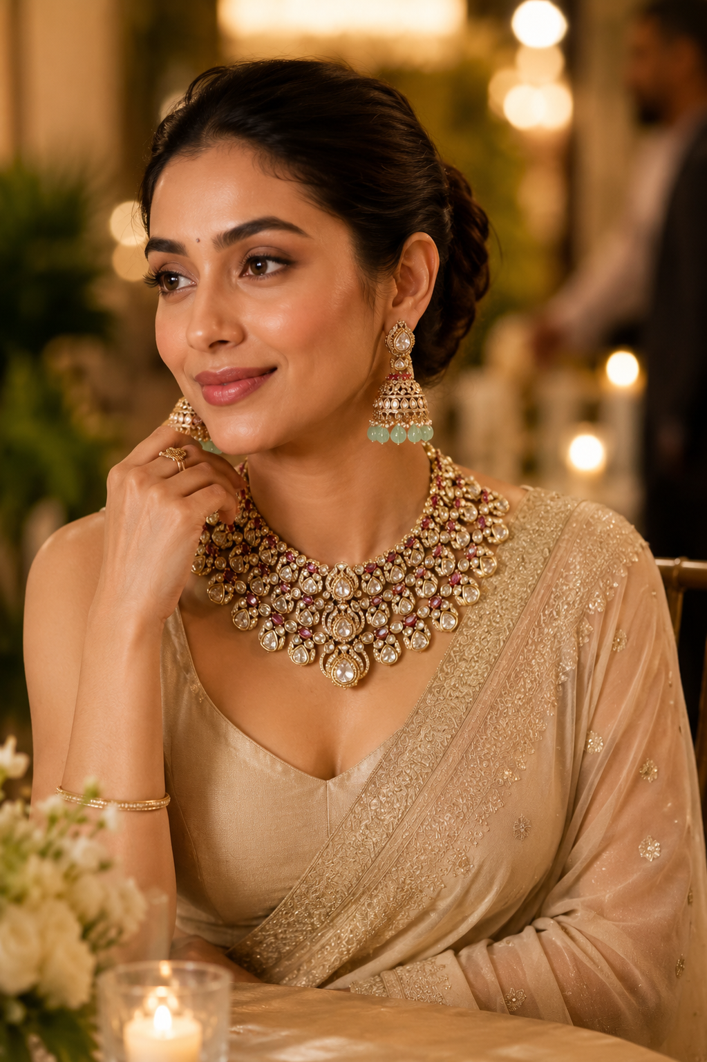 Apsara- Multilayered Choker in Golden Tone Mossainite and Polki set