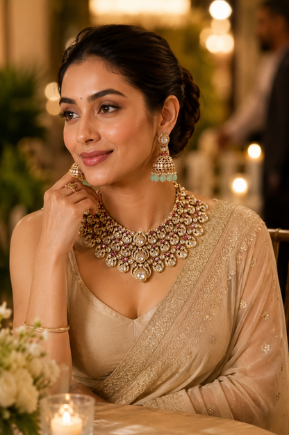 Apsara- Multilayered Choker in Golden Tone Mossainite and Polki set
