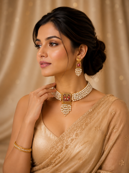 Kavya - Pearls and Intricate Antique Gold Set