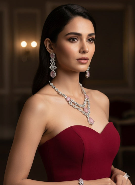 American Diamond Jewelry Set with Pink Accents