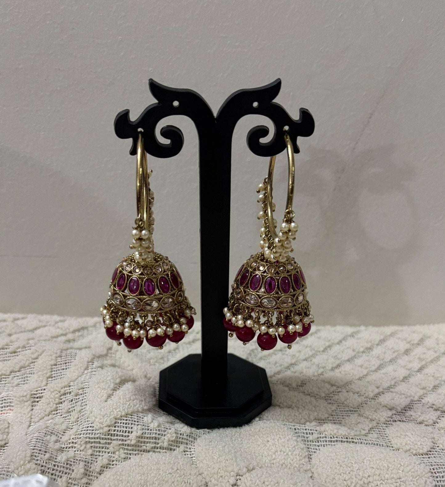 Elegant Pearl and Red Stone Jhumka Earrings