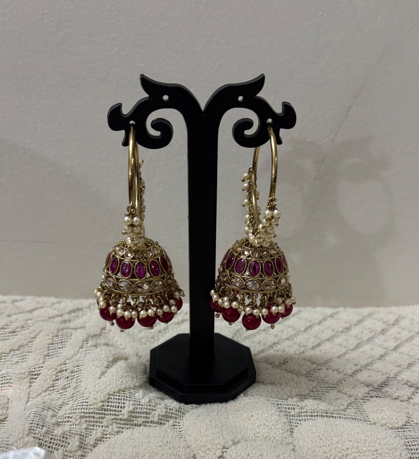 Elegant Pearl and Red Stone Jhumka Earrings