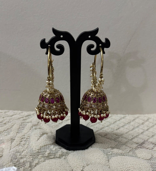 Elegant Pearl and Red Stone Jhumka Earrings
