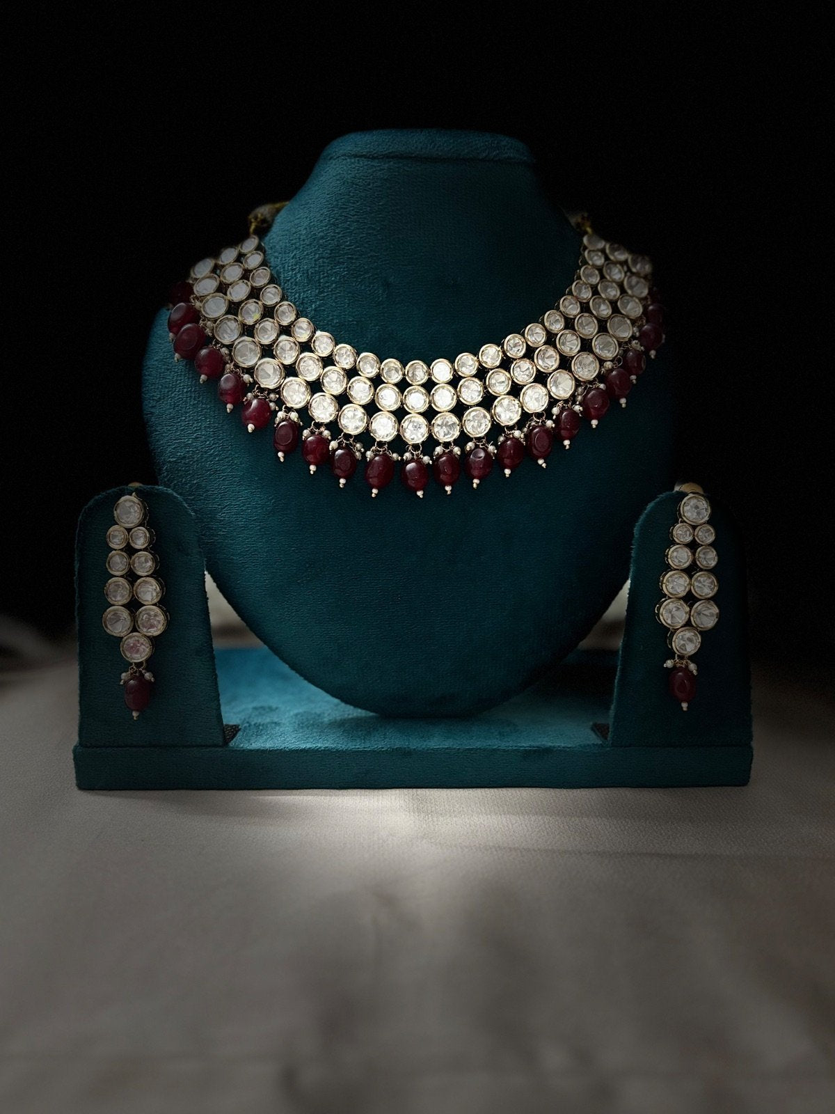 Moissanite Bridal Look Jewelry Set with Ruby Accents