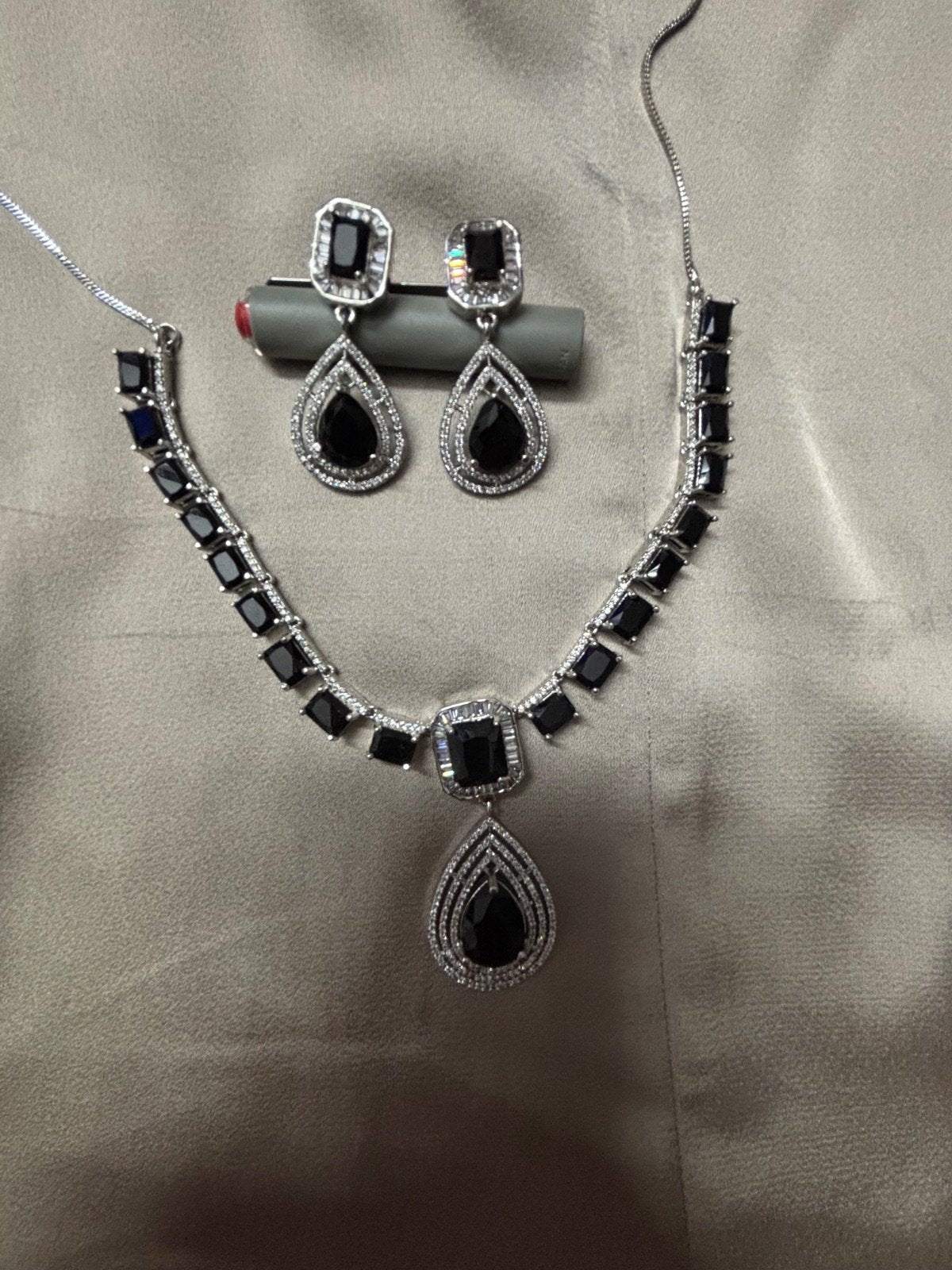 Silver-Tone Black Necklace and Earring Set
