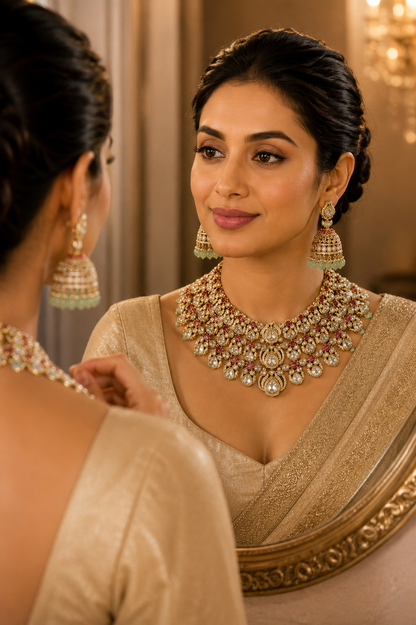 Apsara- Multilayered Choker in Golden Tone Mossainite and Polki set