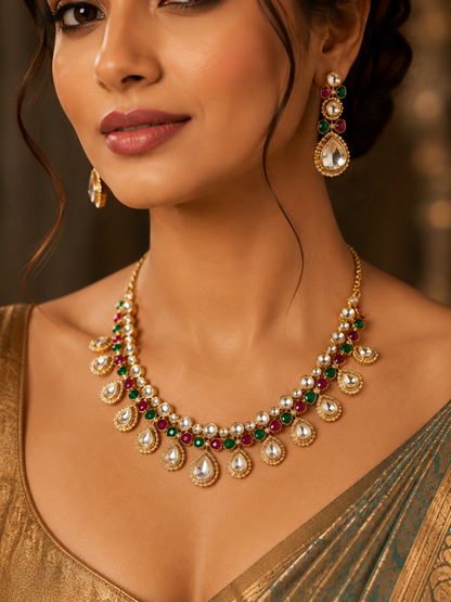 Katthaka - Kundan Necklace Set with Ruby & Emerald Accents