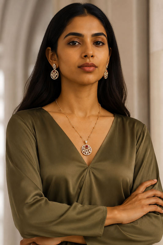 Moissanite Jewelry Set with Ruby Accents