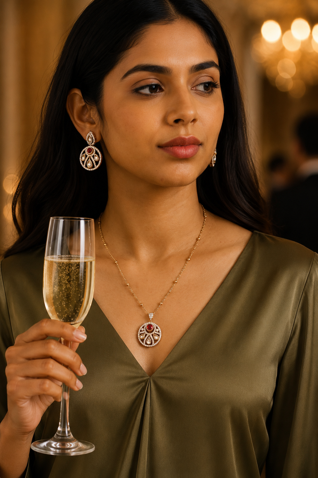 Moissanite Jewelry Set with Ruby Accents