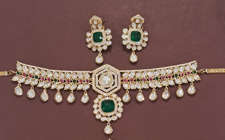 Premium Polki Kundan and green doublet choker Jewelry Set
