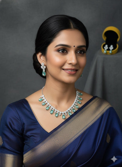 Precious Queen Style American Diamond and Green Stone Jewelry Set