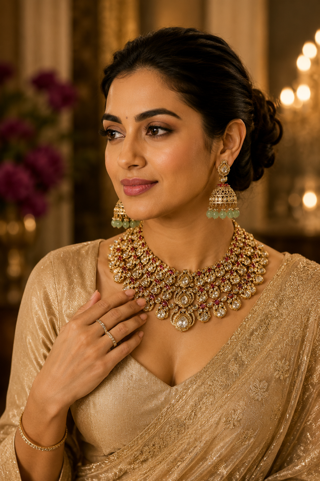 Apsara- Multilayered Choker in Golden Tone Mossainite and Polki set