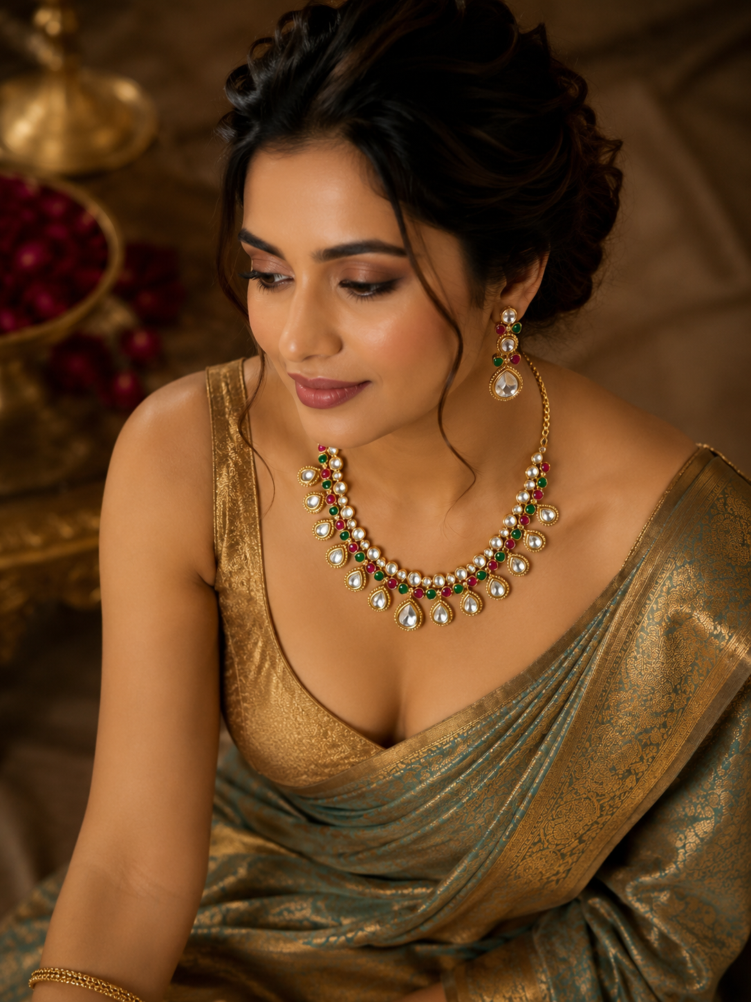 Katthaka - Kundan Necklace Set with Ruby & Emerald Accents