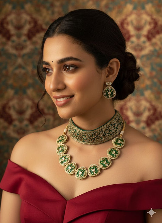 Elegant Green Meenakari Jewelry Set