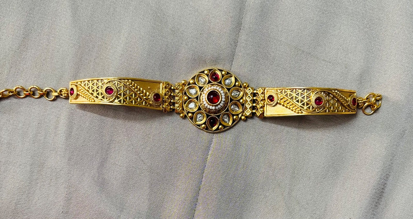 Antique Gold Plated Bracelet with Red Kundan Accents