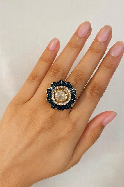 Elegant Blue Enamel Moissanite Statement Ring