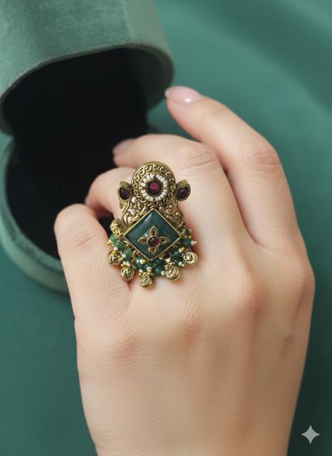 Antique Gold-Tone Statement Ring with Green and Red Accents