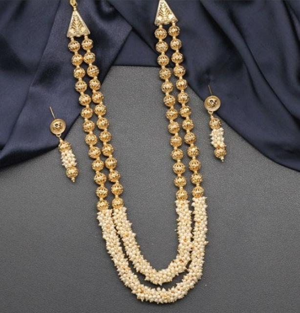 Elegant Pearl and Gold-Tone double layered Jewelry Set