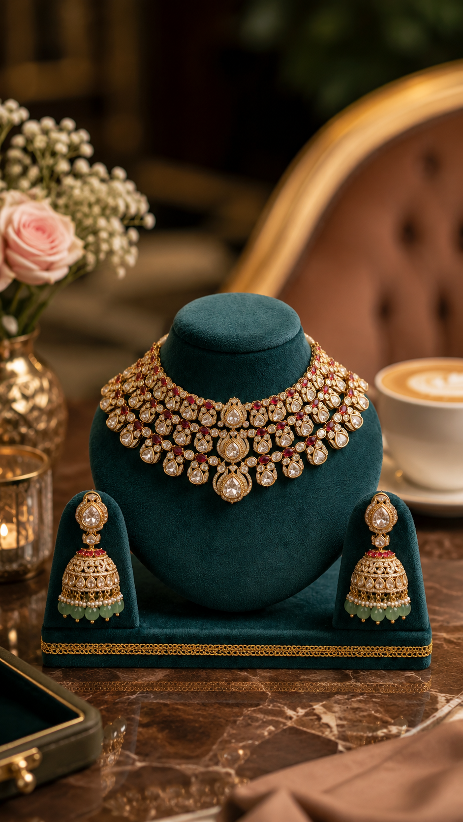Apsara- Multilayered Choker in Golden Tone Mossainite and Polki set