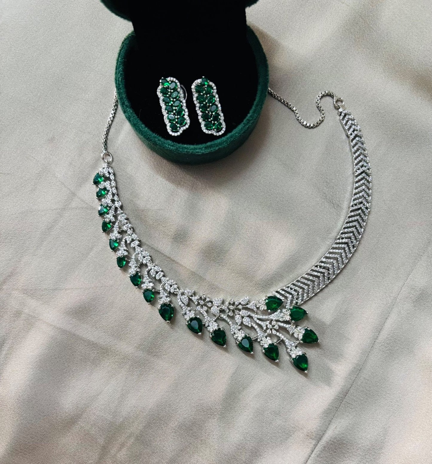 Premium Silver-Tone Necklace with Green Accents
