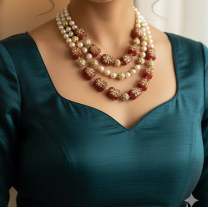 Three layered Pearl and Beaded Set with Earrings