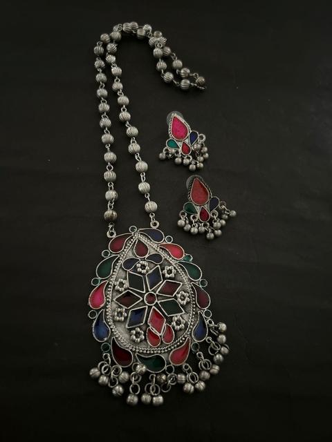 Oxidized Silver-Tone Necklace Set with Colorful Accents