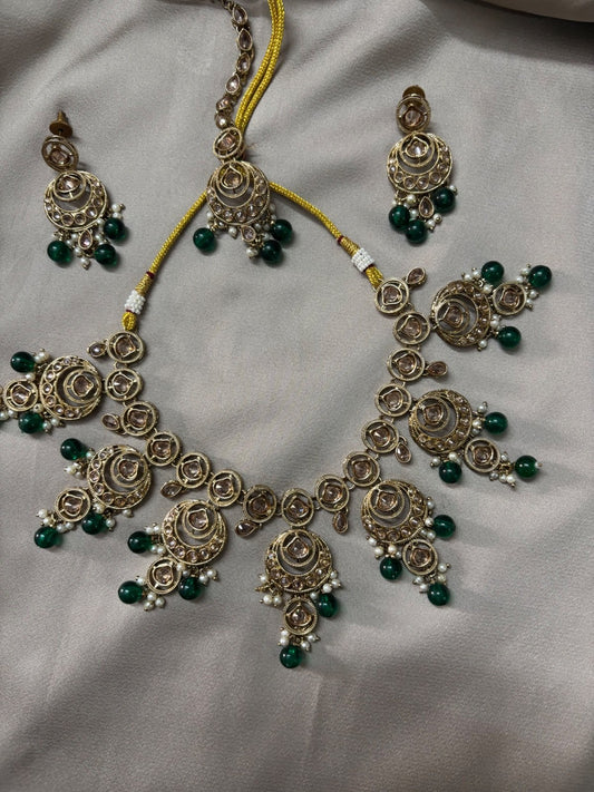 Elegant Kundan Jewelry Set with Green Beads