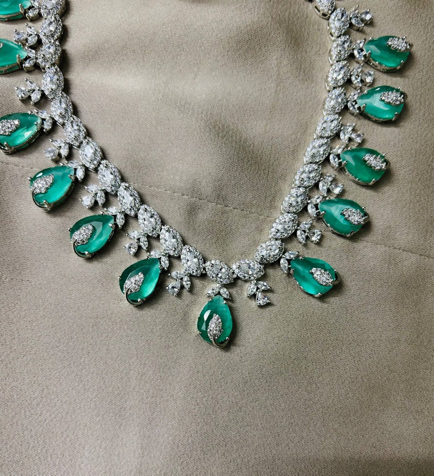 Precious Queen Style American Diamond and Green Stone Jewelry Set