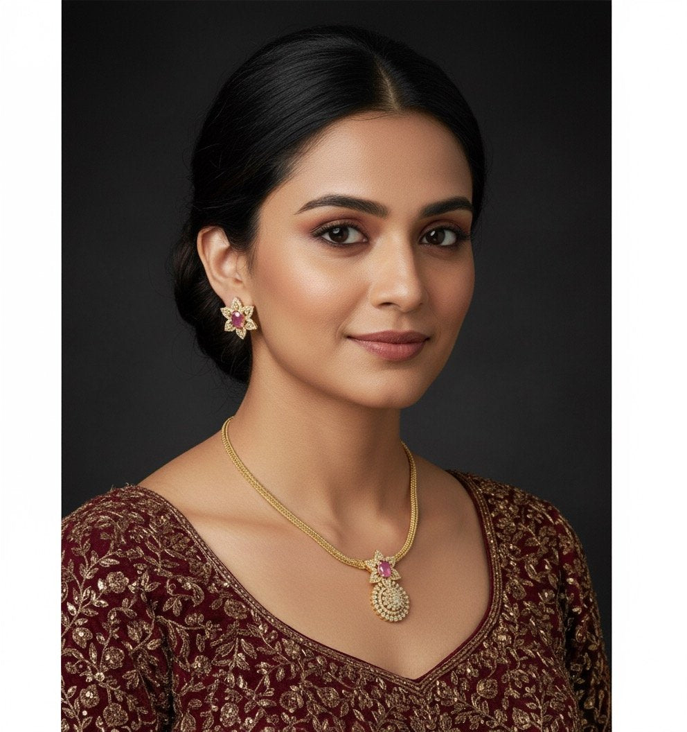 Pink stone with American Diamond Floral Jewelry Set