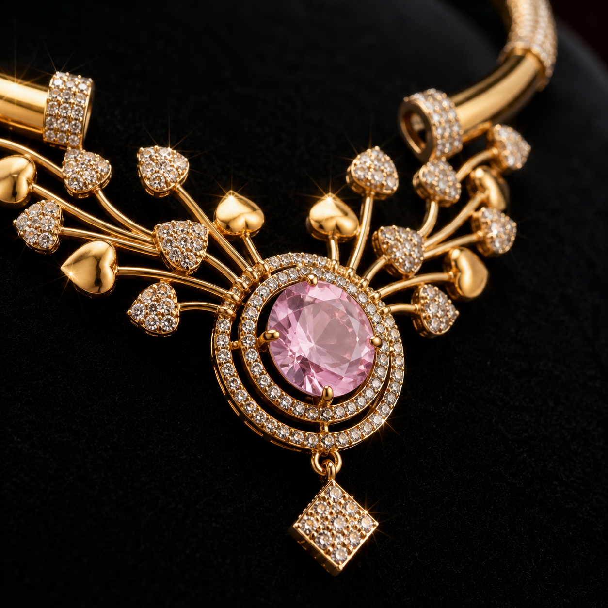 Floral design Antique Gold toned Jewelry set with pink stone
