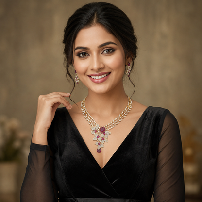 Flower inspired American Diamond dual toned with Rubi colored stone set for evening gowns