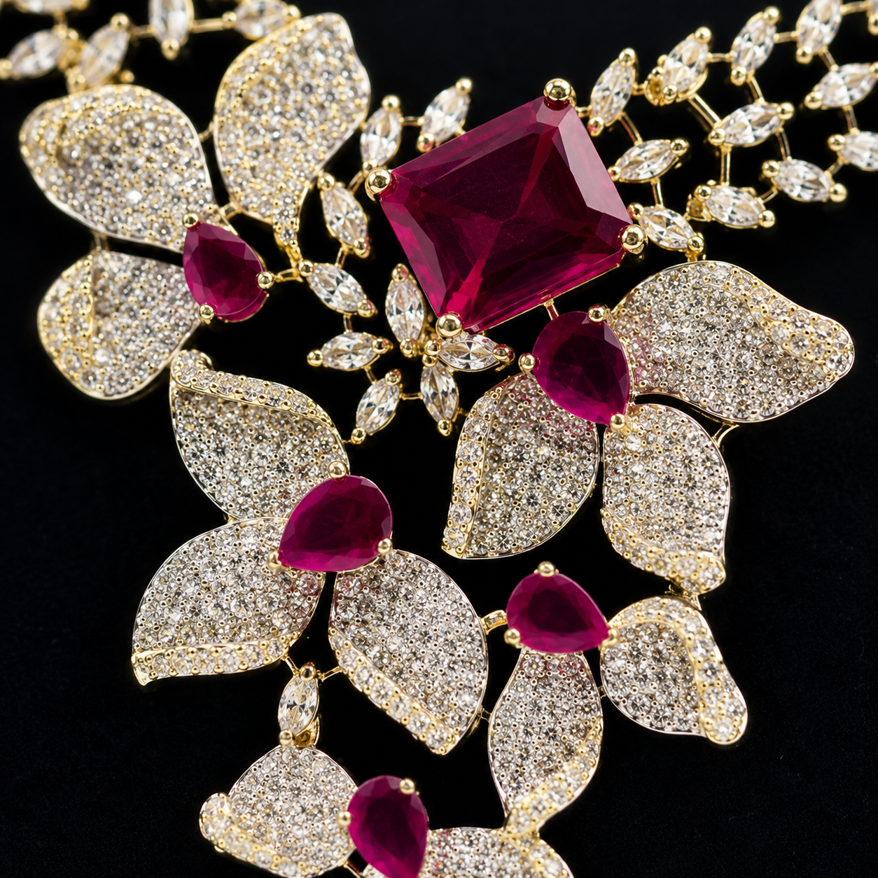 Flower inspired American Diamond dual toned with Rubi colored stone set for evening gowns