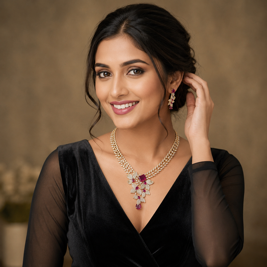 Flower inspired American Diamond dual toned with Rubi colored stone set for evening gowns
