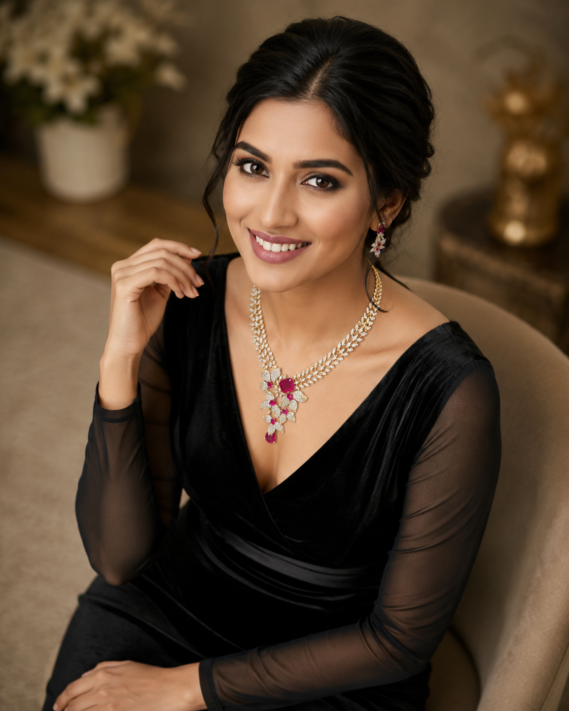 Flower inspired American Diamond dual toned with Rubi colored stone set for evening gowns