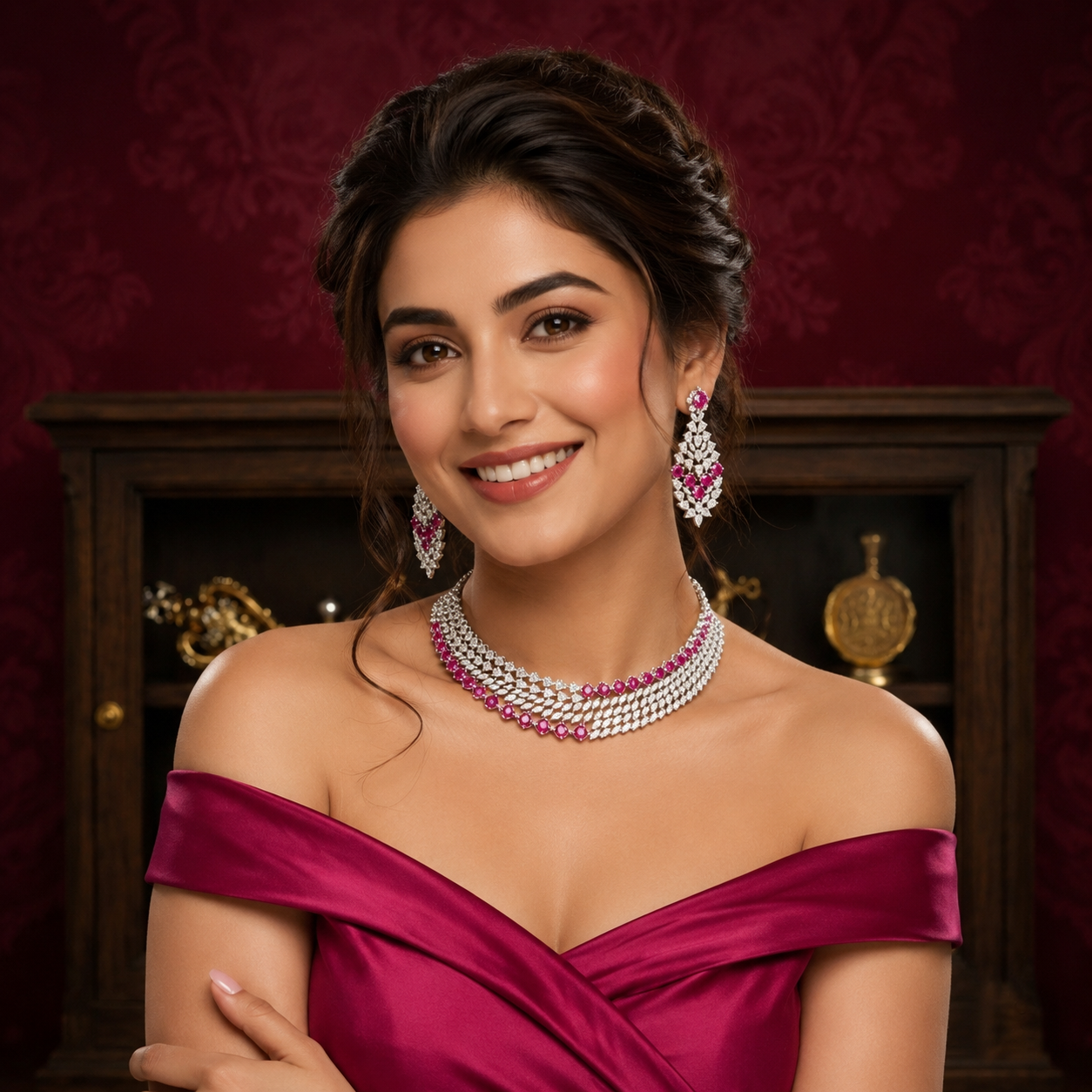 Radiant Triple- Tier Marqhise & Rose Pink Color Choker Set