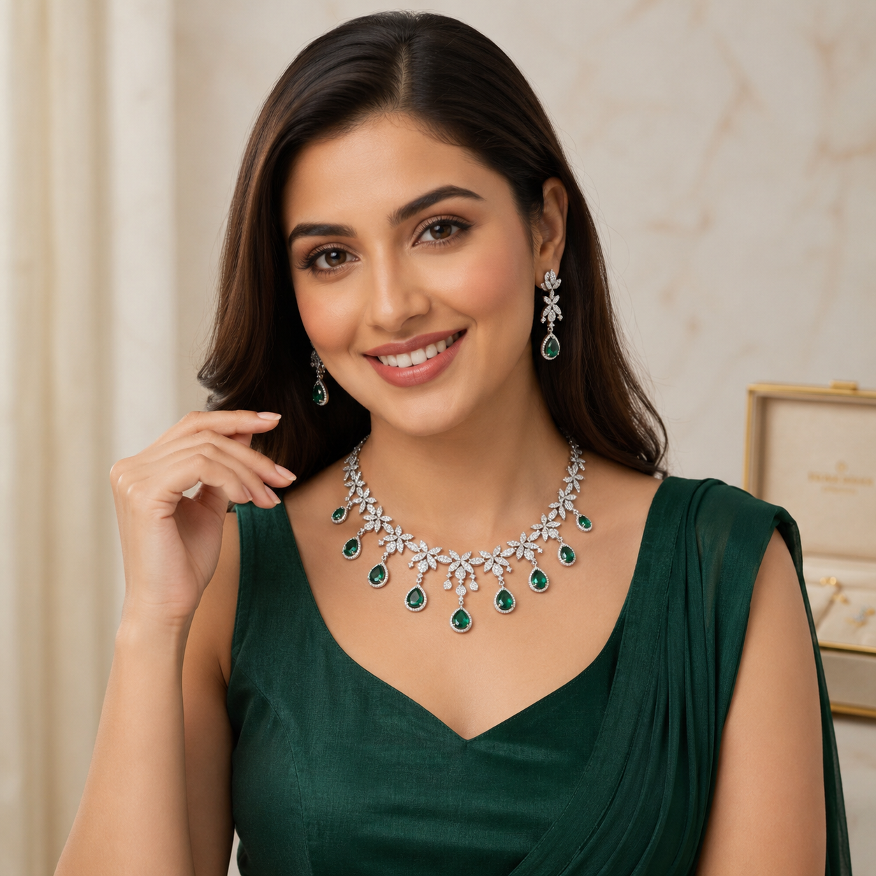 Intricate floral and leaf motifs crafted from brilliant-cut marquise crystals