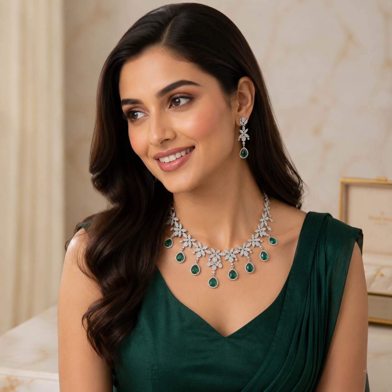 Intricate floral and leaf motifs crafted from brilliant-cut marquise crystals