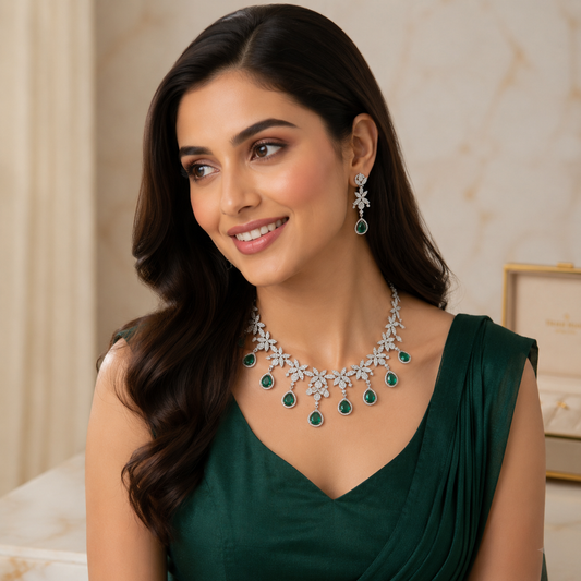 Intricate floral and leaf motifs crafted from brilliant-cut marquise crystals